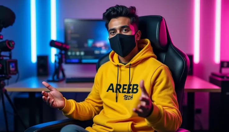 An Indian man sitting confidently on a
modern gaming chair in his YouTube studio. He is wearing a bright yellow hoodie with AREEB TECH boldly printed on it. His face is clearly visible and expressive despite wearing a sleek black covID-19 mask. The man is ...