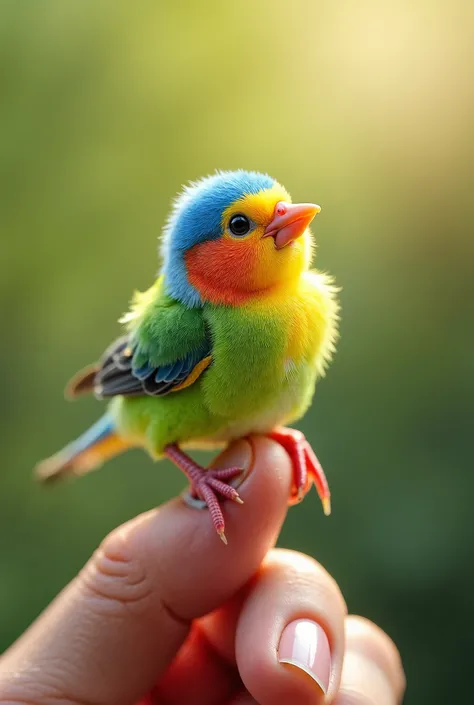 "A colorful parrot chick perched on a person's thumb, chirping happily.