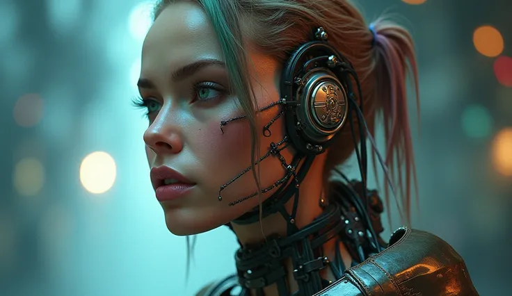 A realistic photo of Aloy as a semidivine goddess in the style of Star Lord in the Cyberpunk style,  beautiful woman:2.0),female cyborg ,(Design of a female cyborg :2.0),(Draw the forehead view:2.0),( avant-garde design :2.0),(Drawing detailed plans :2.0),...