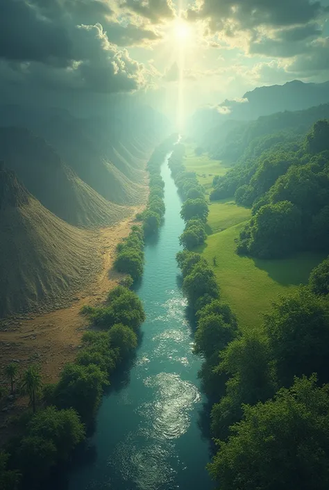 I want a picture of a river on the left side of which is hell and everything is dry, the right side is heaven and everything is green.