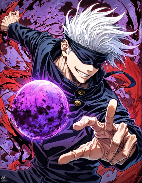 absurdres, highres, ultra detailed, HDR, master piece, Gojou Satoru, white hair, blindfolded eyes, black shirt, Jujutsu Kaisen, man, handsome, best quality, blue moon, magical, solo, water Jujutsu Kaisen uniform, handsome smile, purple aura, fight pose, dy...