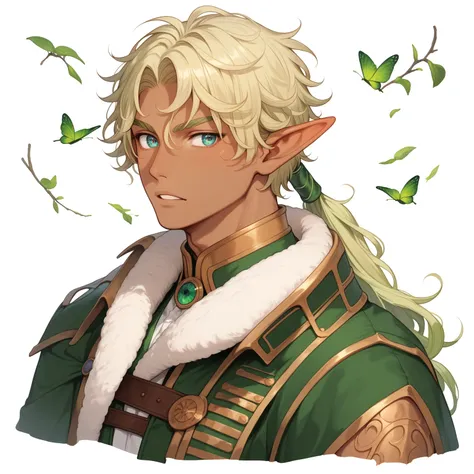 1man. Handsome. Male elf. Dark skin. Green-blonde hair. Medium hair tied in a ponytail. thick-pointed ears. wild attire. mysterious expression. bright ambar eyes. curly hair. Curly hair. looking forward. short stature. Simple background.