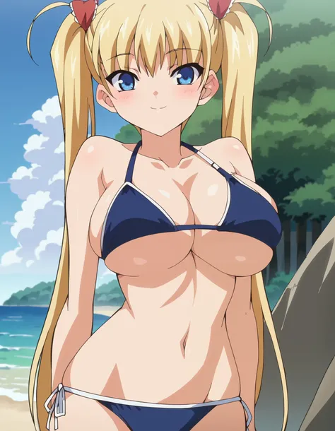 score_9, score_8_up, score_7_up,anime_source, source_anime, anime screencap, Airi, 1girl, blonde hair, blue eyes, blush, breast, blue bikini, female focus, outdoors, beach, large breast, underboobs, long hair, looking at viewer, solo, standing, twintails, ...