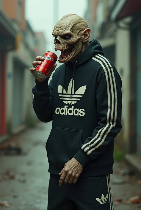 Scary bum monster in adidas clothes with beer