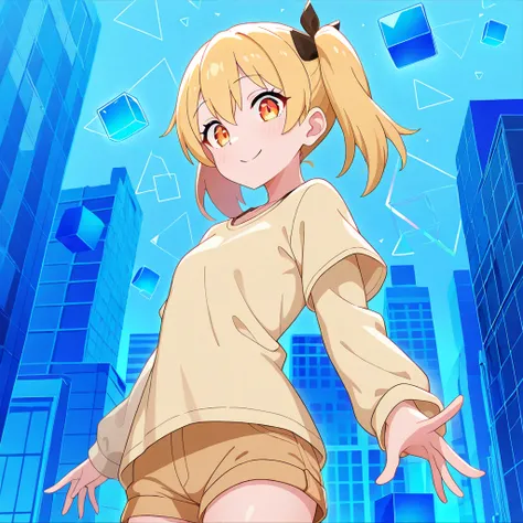 masterpiece, best quality, 1girl, Best girl from the polygon dimension, Square, Cube, Triangle, smile, shirt, shorts, city