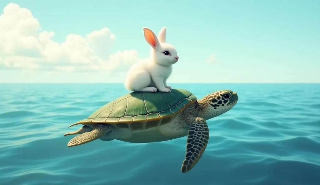 "A serene ocean scene featuring a majestic sea turtle swimming on the water's surface with a white rabbit sitting calmly on its back. The turtle has a detailed, textured shell with natural green and brown patterns, and its head is slightly raised. The rabb...