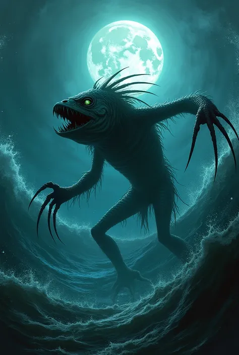 A mischievous, fish-like spirit with razor-sharp claws, slicing through fishing nets under a moonlit sea. The waves crash ominously behind it."

