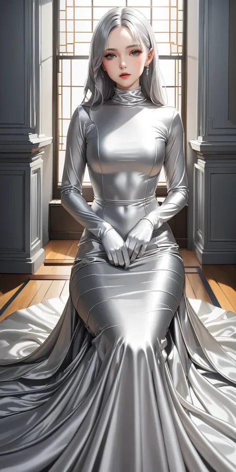 Portraiture、(masterpiece,Highest quality,Ultra-high resolution),Japanese women with silver hair, (((Very beautiful 25 year old girl)))、(She is wearing a shiny light silver satin long sleeve outfit..)、The dress has a simple design without any patterns...、((...