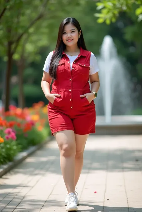  A beautiful Asian chubby woman, soft white skin, big hips,sweet smile,wearing red sleeveless polo denim jumpsuits short fitted on waist,with white t shirt inside,,with brasserie inside,white shoes .shes standing walking on shiny marmol way on clean park ,...