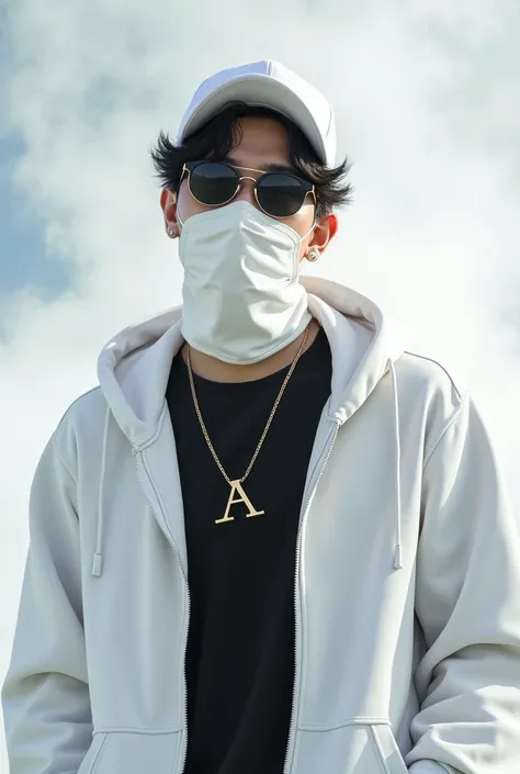 Korean male, snapback putih,  sunglasses,  gold necklace letter A ,  white watch , white color mouth cover fabric, white hoddie , black t-shirt,  half body ,  on white smoke background.