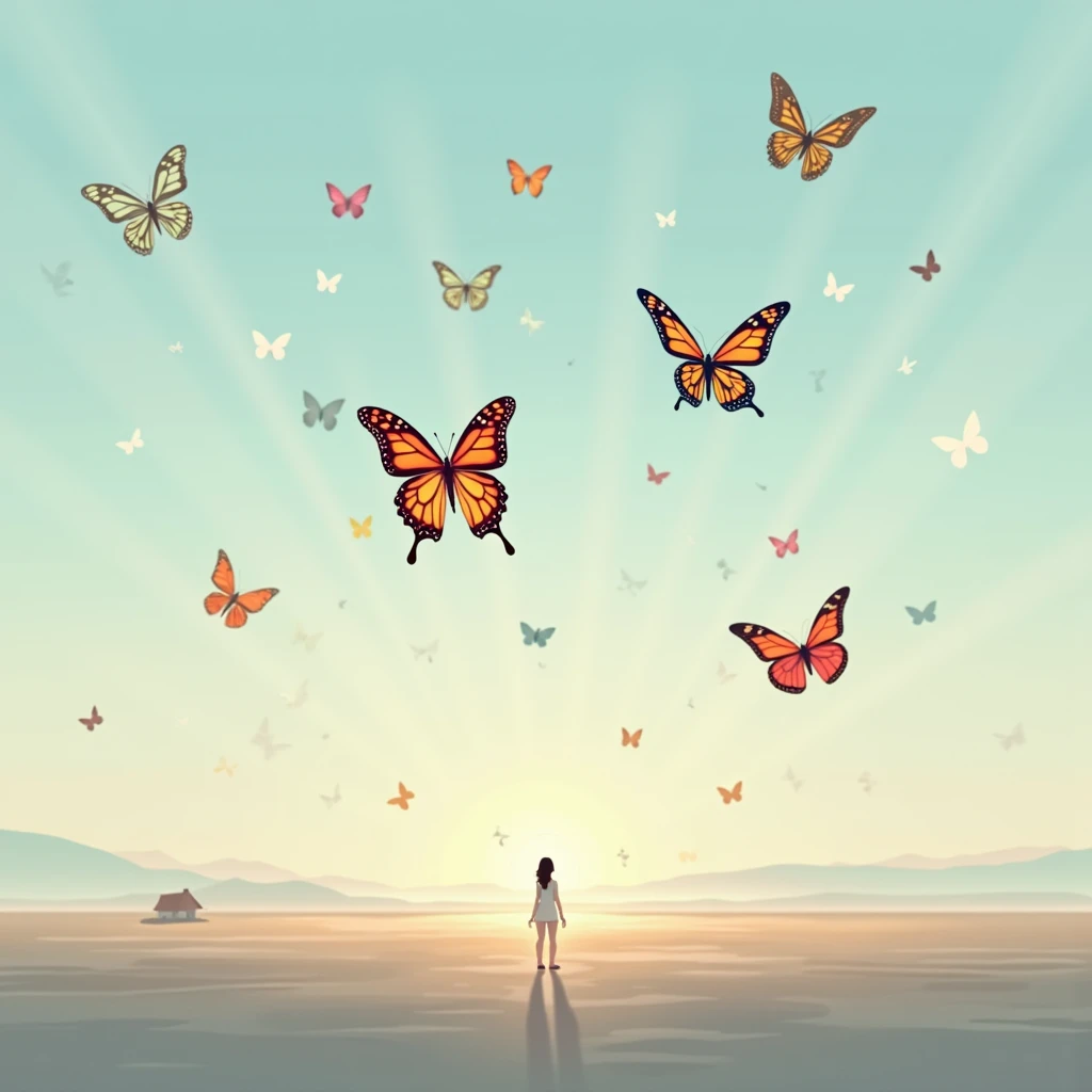 Bright, intricately colored butterflies with intricate wing patterns flit through the air across a clear, wide plateau, and a small house can be faintly seen in the distance, the soft light giving the scene its only color. The overall atmosphere is calm, q...