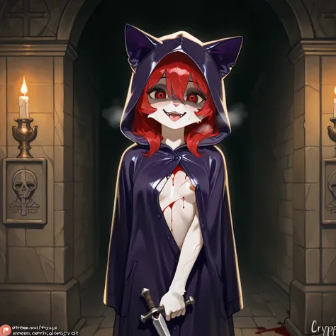  Furry female Anthro Young cat in a raincoat with a hood at the altar of sacrifice with the Occult Dagger,  dark gloomy atmosphere , occult atmosphere,  appearance sexy figure hourglass , nipple chest visible,  hooded cloak on the naked body chest ,  paws ...