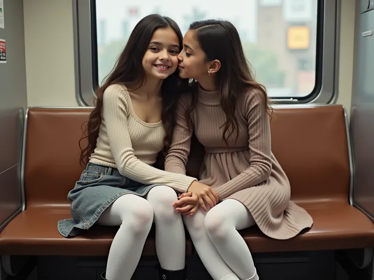 photo by canon, two arabic 8years girls sitting on train seat, View Photographer, whole body, (Smiling at the photographer), tight skirt, High boots, Clothes that show the open chest、Thin and long elbows、(wearing a open breast top, mini skirt, white pantyh...