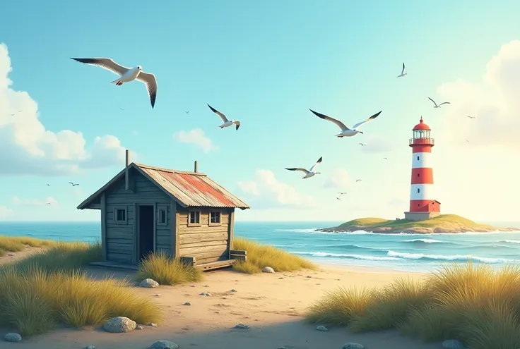 A seaside landscape ,  with a very simple fisherman's hut with a tin roof, a red and white lighthouse , The sun , seagulls .
