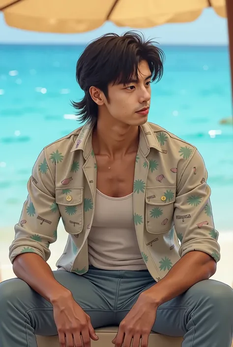 A handsome 24-year-old Asian man, 185 cm tall, weighing 65 kg, with a fair-to-tan complexion. He is wearing a tank top underneath and an open, unbuttoned seaside-patterned shirt. He has on three-quarter-length pants and sandals. The background features a b...