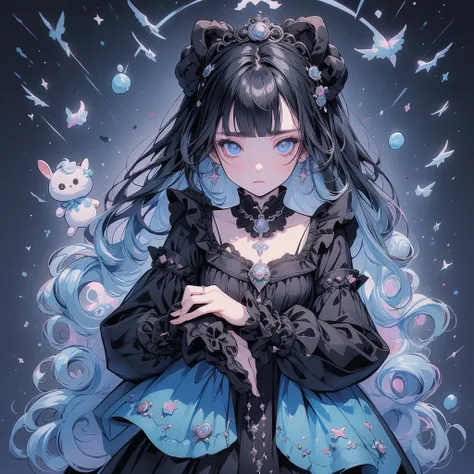 Baroque、Baroque style、Cyan Background、 Black clothes  、 pretty face、Baby Face、((( detailed eyes 、 droopy eyes )))、 long sleeve with flared cuffs 、Shoulder out、 one-piece flared skirt 、 holding a stuffed rabbit in one hand、black and light blue socks 、Gothic...