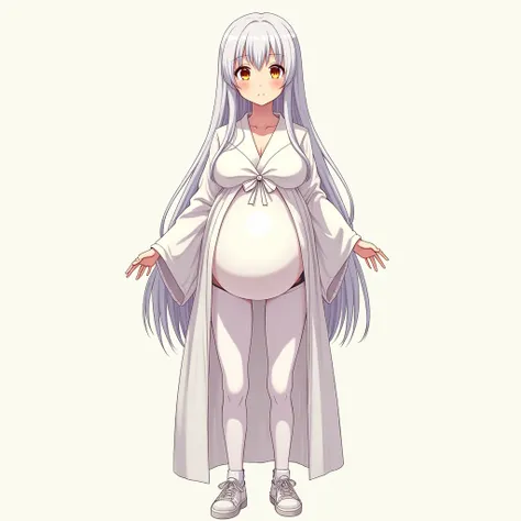 anime girl, long hair, big pregnant, orange eyes , pregnant  biggest belly girl , anime style, white hair, big breasts, pregnant girl with big belly, smile, white thin tights, white kimono long dress, big pregnant belly, big breasts, big hyper-pregnant bel...