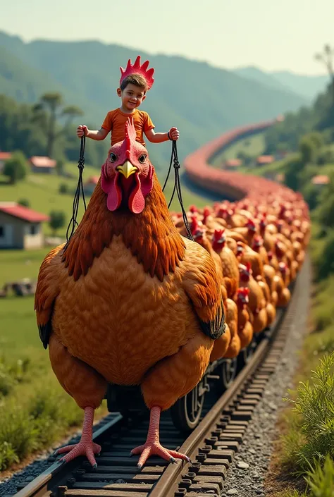 A surreal and highly detailed image of a train made entirely of chickens, with a gigantic rooster at the front as the engine. A young boy is riding on top of the giant rooster, holding reins as if controlling it. The background features a rural landscape w...