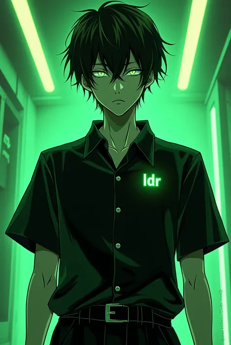 Black and neon green polyester dress shirt, on the upper right chest written small Ldr, short manga