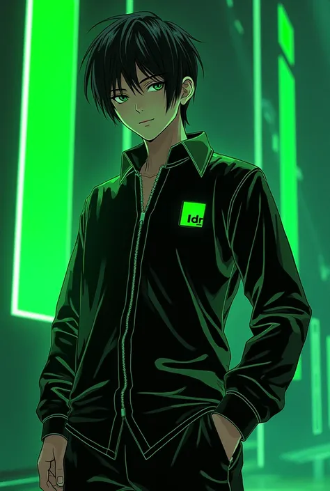 Black and neon green polyester dress shirt, on the upper right chest written small Ldr, short manga