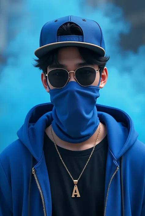 Korean male, snapback biru,  sunglasses,  gold necklace letter A , blue watch ,  blue mouth-covering cloth, blue hoddie , black t-shirt,  half body , blue smoke background .