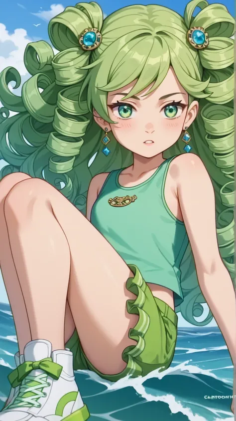 Evangeline "Eve" Tennyson (Eve 10)

Theme Color: Seafoam Green

Hairstyle: Short ringlets that frame her face

Eye Color: Teal-green

Hair Color: Chestnut brown with seafoam green tips

Skin Tone: Light olive

Outfit:

A seafoam green tank top

White frill...