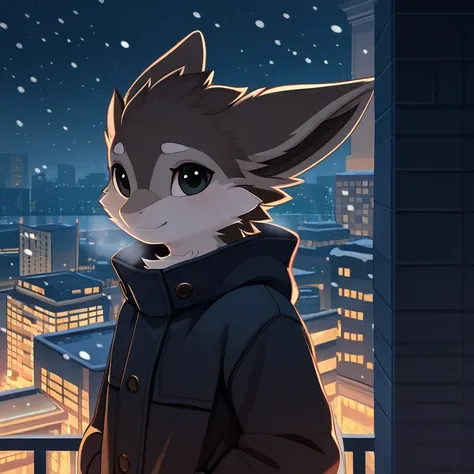 masterpiece, best quality, city, big buildings, at night, snowing, solo, male, (anthro, avali, avian, 4 ears:1.4), happy face, close mouth, coat, looking at viewer,