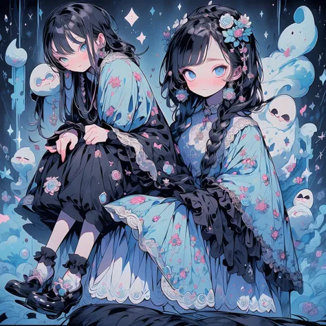 Baroque、Baroque style、Cyan Background、 Black clothes  、 pretty face、Baby Face、((( detailed eyes 、 droopy eyes )))、 long sleeve with flared cuffs 、Shoulder out、 one-piece flared skirt 、 holding a stuffed rabbit in one hand、black and light blue socks 、Gothic...