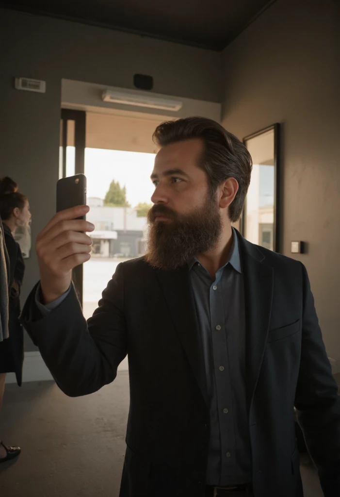 "Create a highly detailed, ultra-realistic portrait of an office worker standing in the hallway, preparing to leave for work. The man has a well-groomed, long beard and a classic haircut. He is dressed in a stylish overcoat, holding a smartphone in one han...