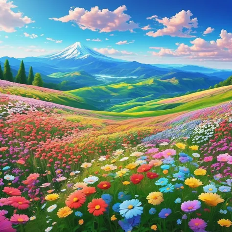 anime Beautiful colorful flower field scenery Pastel color flower field, mountains, blue sky, white clouds, diverse flowers, colorful, scenery, nature, beautiful, high resolution