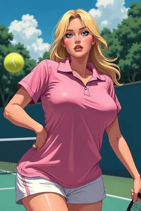 Anime Sexy Blonde Milf sweating while wearing a Massive Popped Collar Pink Polo with a collar so high it's taller than her head while playing Tennis