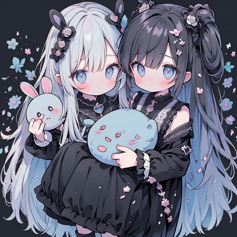 Baroque、Baroque style、Cyan Background、 Black clothes  、 pretty face、Baby Face、((( detailed eyes 、 droopy eyes )))、 long sleeve with flared cuffs 、Shoulder out、 one-piece flared skirt 、 holding a stuffed rabbit in one hand、black and light blue socks 、Gothic...