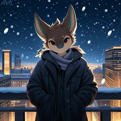 masterpiece, best quality, city, big buildings, at night, snowing, solo, male, (anthro, avali, avian, 4 ears:1.4), happy face, close mouth, coat, looking at viewer,