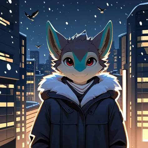 masterpiece, best quality, city, big buildings, at night, snowing, solo, male, (anthro, avali, avian, 4 ears:1.4), happy face, close mouth, coat, looking at viewer,