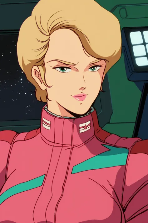 score_9, score_8_up, score_7_up, score_6_up, LilaMillaRira, short blonde hair, green eyes, glossy pink lips, well shaped large breasts, soft smiling, wearing pink spacesuit, pink pilot suit, facing straight at the camera, indoors, spacecraft, space, stars ...