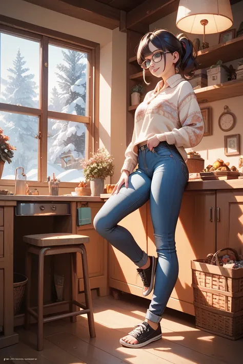 It's winter in a big house, 6th grade elementary school student, wear glasses, shorts, jeans