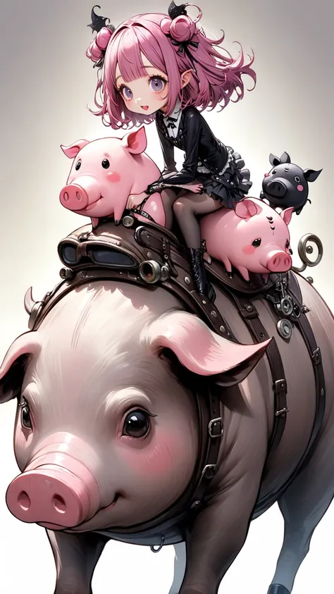  Tim Burton Style、cute pig girl riding a pig、