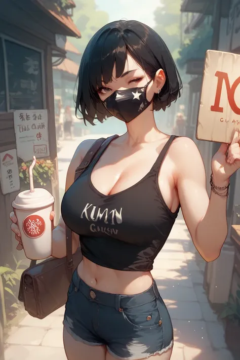 woman,Anime,Short hair ,Black hair,Wear a black tank top,Wear short jeans, hold a sign with the word "Fuck me1 ,500", put on a mask ,Chest size D cup