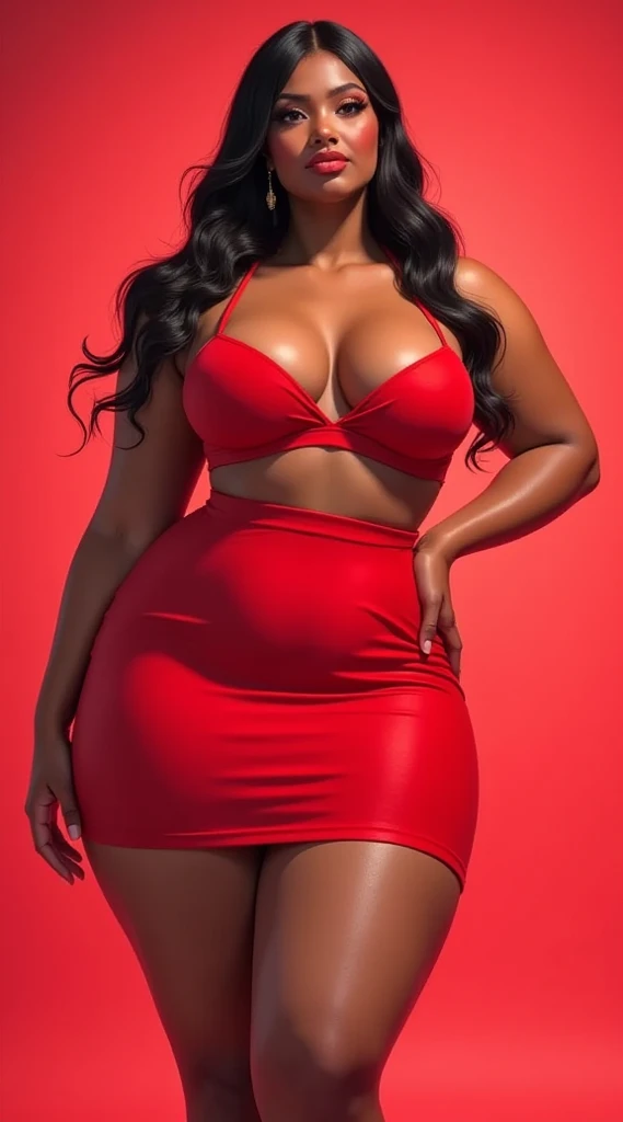 A chubby red movie in a mini skirt with a top that highlights her breasts 