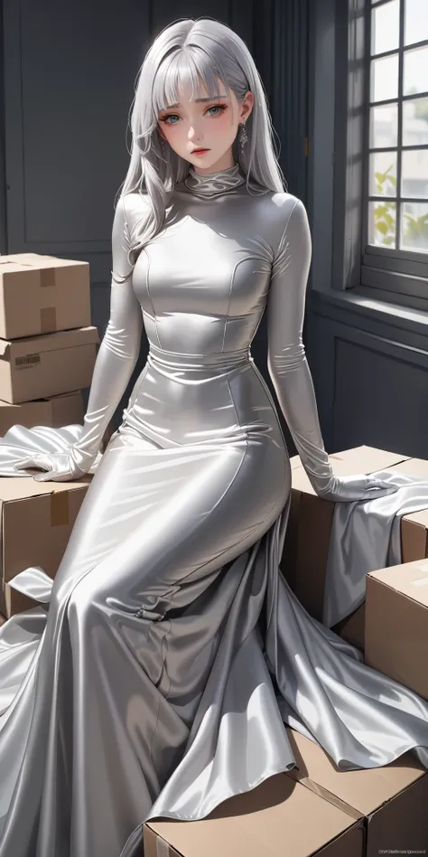 Portraiture、(masterpiece,Highest quality,Ultra-high resolution),Japanese women with silver hair, (((Very beautiful 25 year old girl)))、(She is wearing a shiny light silver satin long sleeve outfit..)、The dress has a simple design without any patterns...、((...