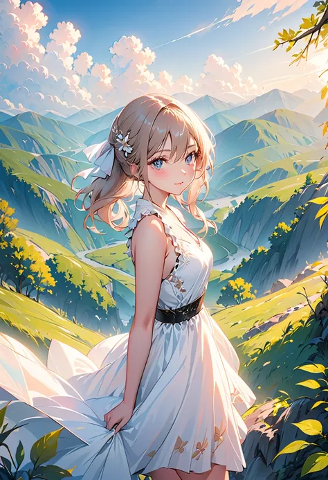  sexy pose, 1woman, cute, cinematic light, highlights, bright eyes, white dress, view the viewer's forest landscape, pastel