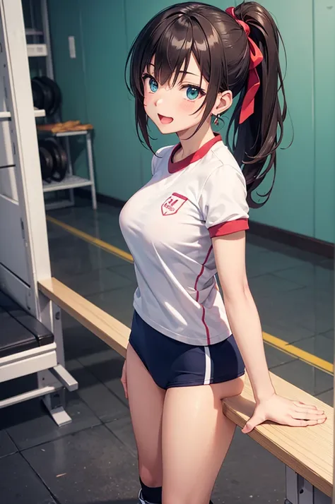 A beautiful girl in a gym uniform getting ready to do exercises, anime girl, 1girl, (20 years old girl), (aged up), schoolyard, a light skinned girl, dark brown hair, bangs, hair intakes, long hair, ponytail, wavy hair, shiny hair, hairclip, hair ribbon, a...