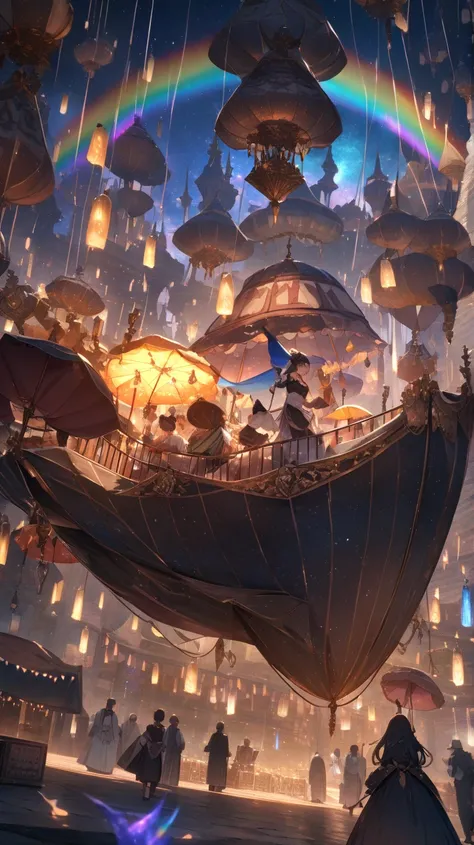 ((high quality)), ((masterpiece)), ((highly detailed)), A magical marketplace suspended in the sky, where thousands of floating umbrellas carry stalls selling enchanted goods. The umbrellas drift lazily in the air, tethered to thin glowing strings, and mer...