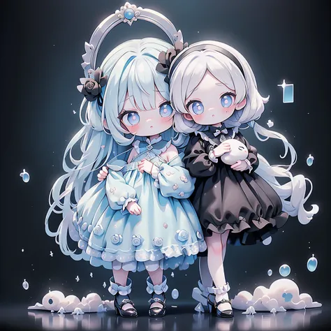 Baroque、Baroque style、Cyan Background、 Black clothes  、 pretty face、Baby Face、((( detailed eyes 、 droopy eyes )))、 long sleeve with flared cuffs 、Shoulder out、 one-piece flared skirt 、 holding a stuffed rabbit in one hand、black and light blue socks 、Gothic...