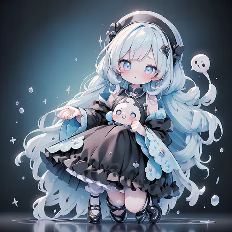 Baroque、Baroque style、Cyan Background、 Black clothes  、 pretty face、Baby Face、((( detailed eyes 、 droopy eyes )))、 long sleeve with flared cuffs 、Shoulder out、 one-piece flared skirt 、 holding a stuffed rabbit in one hand、black and light blue socks 、Gothic...