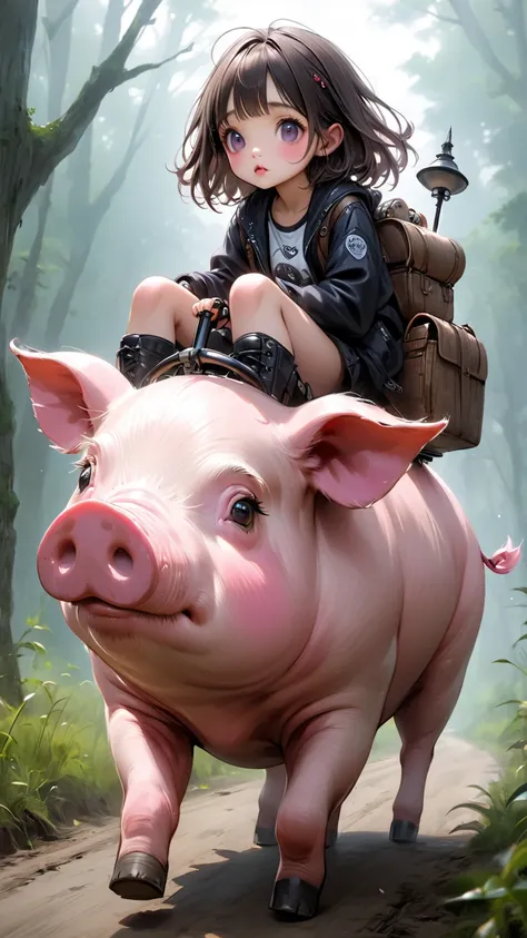  Tim Burton Style、  very realistic 、cute pig girl riding a pig、