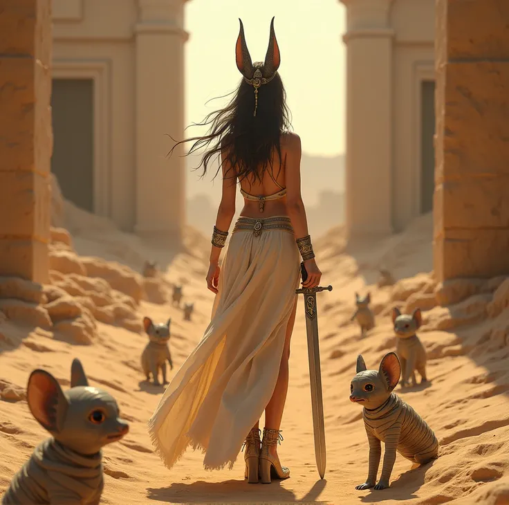  background Hamna Putra、 desert、Egypt、 photorealistic with a sword、 super high heels、 highest quality、8k、 ultra high resolution、 very cute woman 、 are facing the front、 Demon Slayer、Love Pillar、Kanroji Mitsuri Anubis Ears、I'm wearing a necklace with the le...