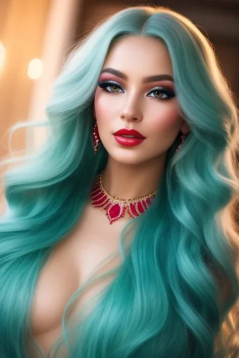 Full body  portrait of a beautiful ethereal woman, her very long aqua hair cascading down in soft waves, framing a face of extreme detail and elegance. Her eyes, big and colorful, boast three gradient scarlet  shades of eyeshadow and eyeliner, accentuating...