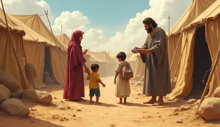 "In the desert camp, a Hebrew widow and her ren are sheltered by a compassionate family. The family offers them food and water, showing the kindness and protection outlined in the laws of Mishpatim. The dusty tents and the arid desert landscape serve as th...