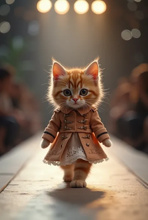 (photorealism:1.2), cute cat wearing army dress walking on the runway